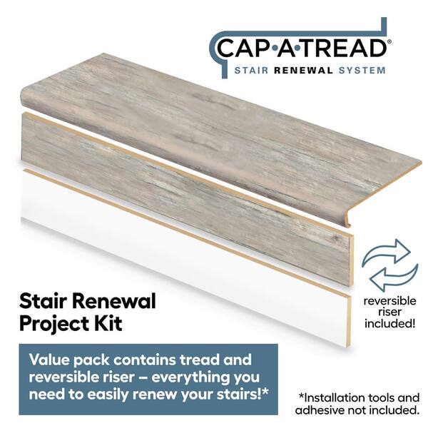 Cap A Tread Athabasca Glacier/Belle Mead Oak 47 in. L x 12.15 in. W x 2.28 in. T Vinyl Stair Tread and Reversible Riser Kit Adhesive, Medium