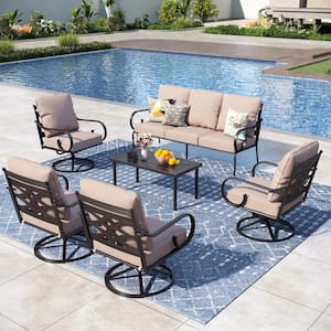 7 Seat 6-Piece Black Metal Steel Outdoor Patio Conversation Set with Beige Cushions, 4 Swivel Chairs And Table