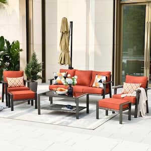 Walden Grey 6-Piece Wicker Metal Outdoor Patio Conversation Sofa Seating Set with a Coffee Table and Orange Red Cushions