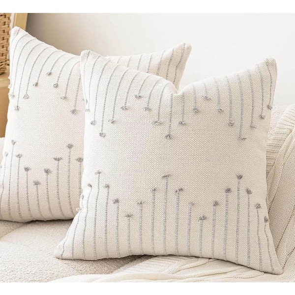 Boho Beige and Grey Farmhouse 20 in. x 20 in. Throw Pillow Cover