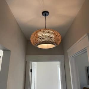 60 -Watt 1-Light Black Oval Bamboo Pendant Light with Fabric Shade, No Bulbs Included