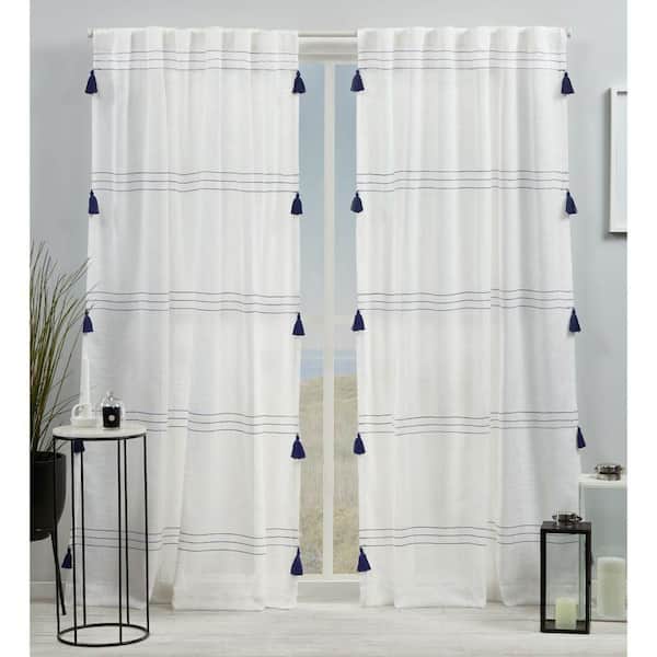EXCLUSIVE HOME Demi Blue Horizontal Stripes Light Filtering Hidden Tab / Rod Pocket Curtain, 54 in. W x 84 in. L (Set of 2)