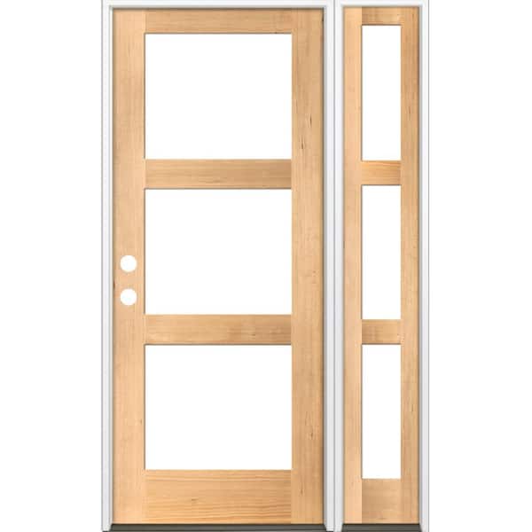 Krosswood Doors 46 in. x 96 in. Modern Hemlock Right-Hand/Inswing 3-Lite Clear Glass Clear Stain Wood Prehung Front Door wRight Sidelite