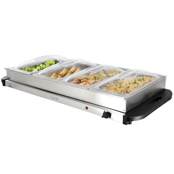 Buffet Server and Food Warmer in Silver with 4 Removable Sectional Trays, Heated Warming Tray and Removable Tray Frame
