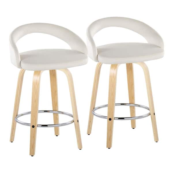 Grotto 25.25 in. White Velvet, Natural Wood, and Chrome Metal Fixed-Height Counter Stool (Set of 2)