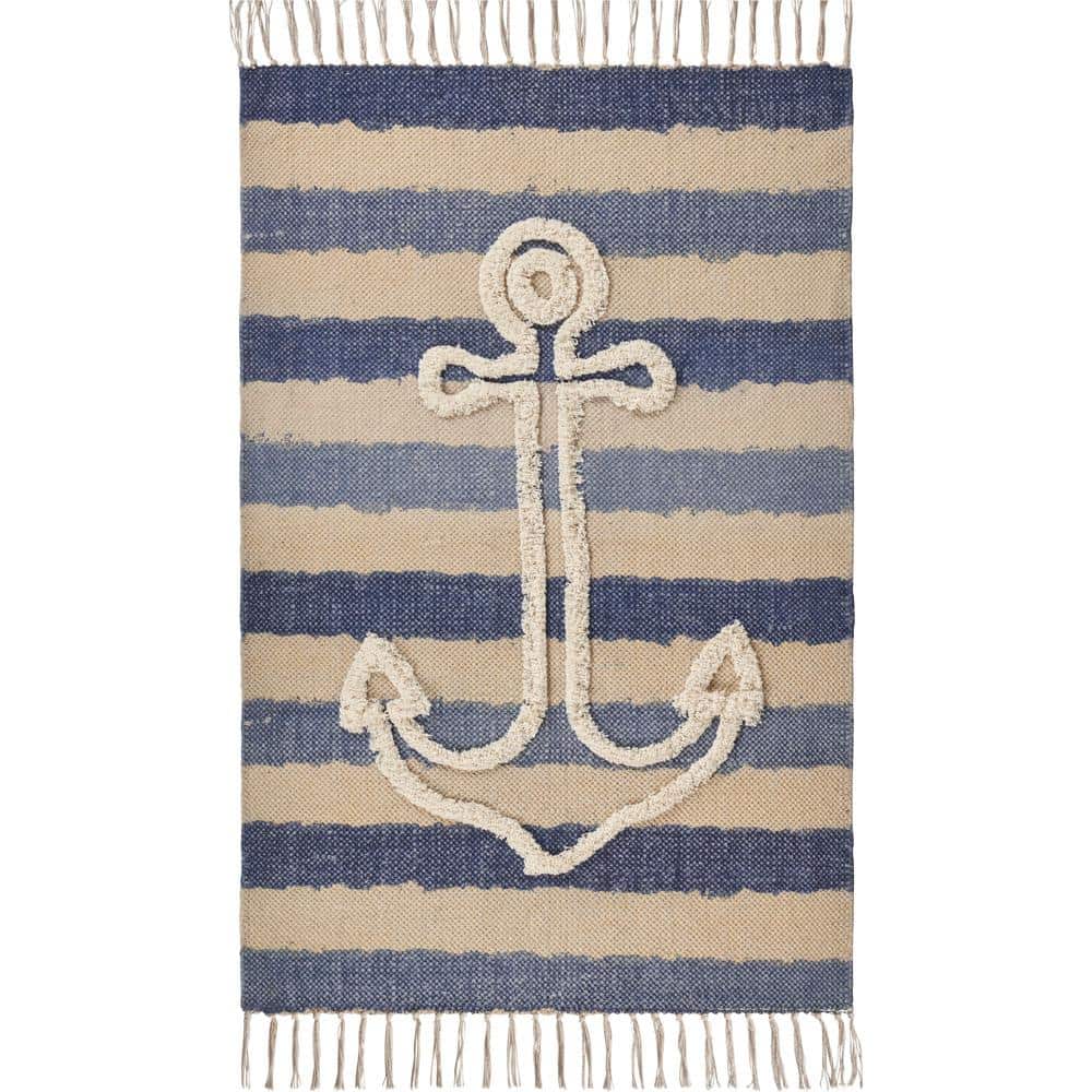 Acosta Coastal Navy Blue 2 ft. 6 in. x 3 ft. 9 in. Anchor Striped Nautical 