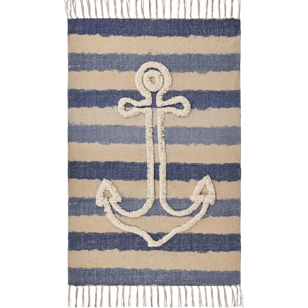 LR Home Acosta Coastal Navy Blue 2 ft. 6 in. x 3 ft. 9 in. Anchor Striped Nautical Tufted Cotton Scatter Accent Rug