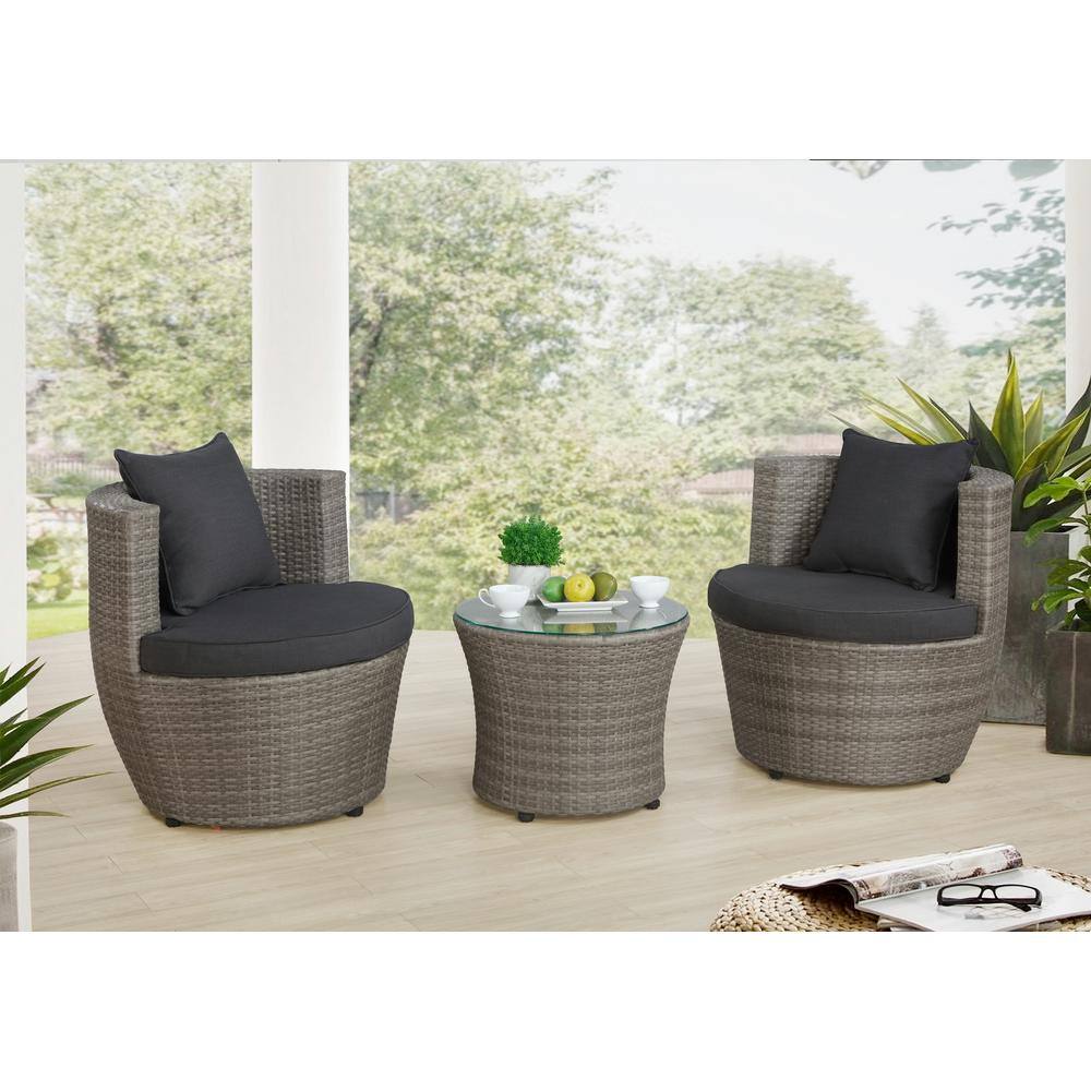 Gray All-Weather Wicker Outdoor Bistro Set with Cushions