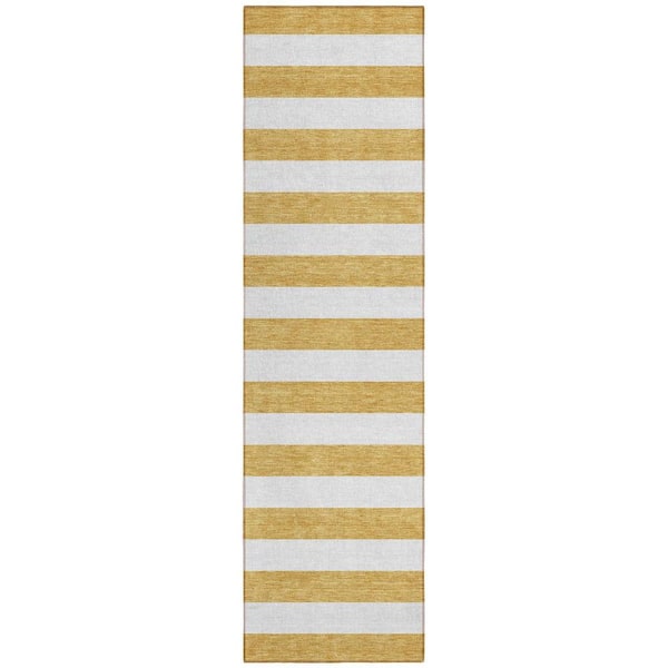 Gold 2 ft. x 8 ft. Woven Striped Polyester Runner Indoor/Outdoor Area Rug