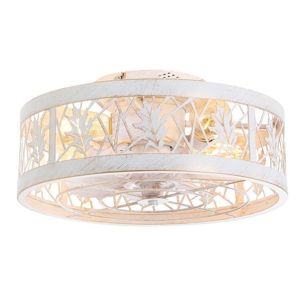 Breezary 16.5 in. Indoor White/Gold Caged Flush Mount Ceiling Fan with Leaf-Style Light Kit and Remote Control Included