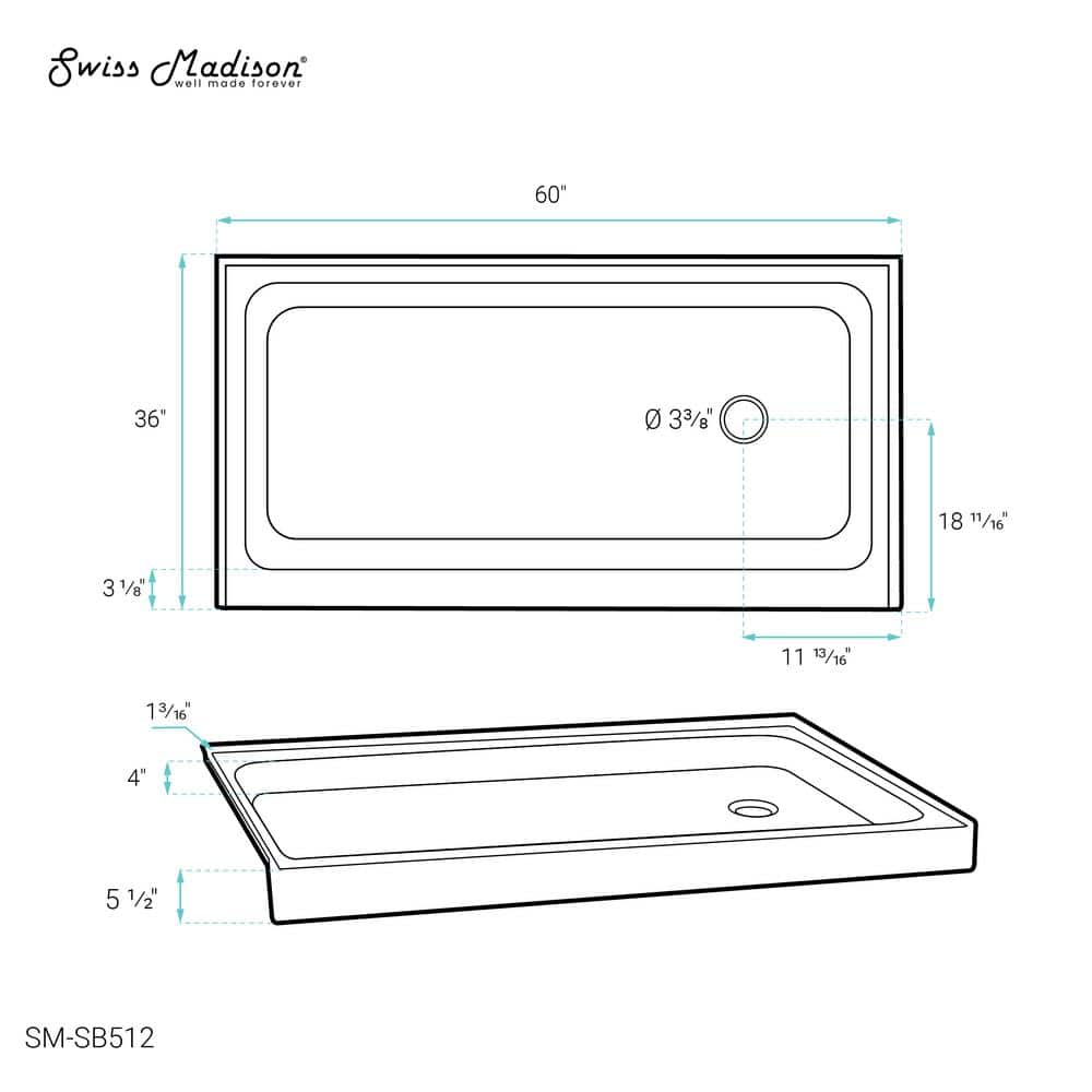 Voltaire 60" x 36" White Acrylic Shower Base with Right-Hand Drain