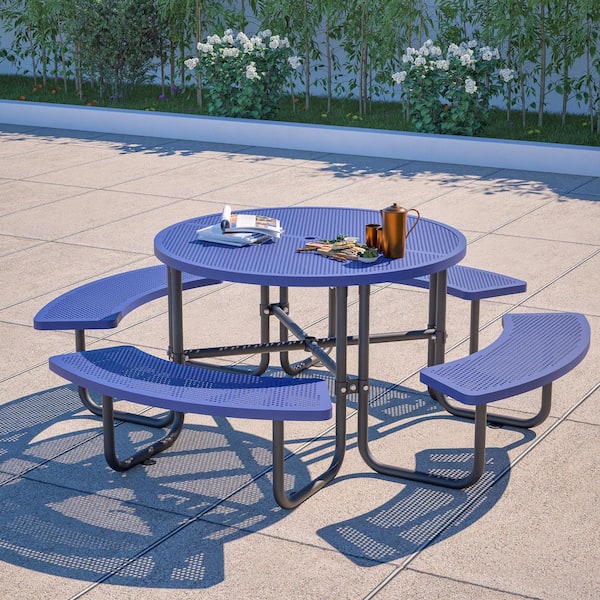 46 in. Blue Round Steel Picnic Table Seats 4-8 People with Umbrella Hole