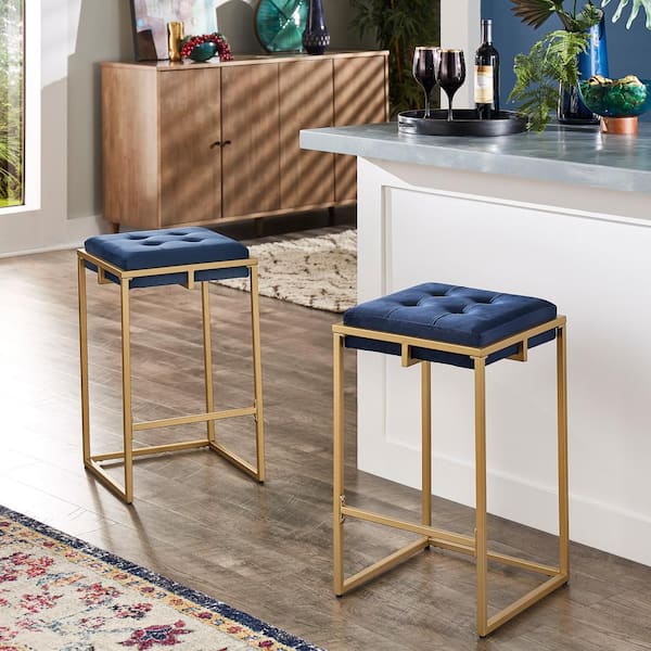 HomeSullivan 26 in. Blue Velvet Gold Finish Button Tufted Bar Stools (Set Of 2)