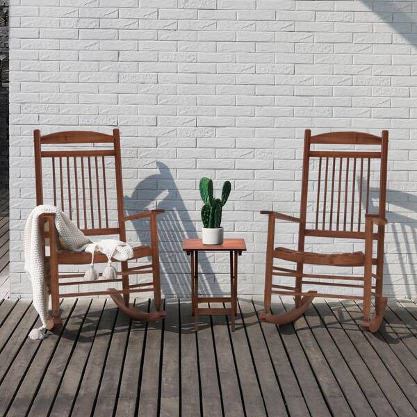 VEIKOUS 3Piece Wood Outdoor Rocking Chairs with Curved Seat and High