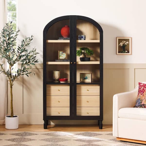 Darci 74 in. Tall Black Modern MDF 3-Shelf Arched Bookcase Cabinet with Full-Length Glass Doors and Drawer Storage