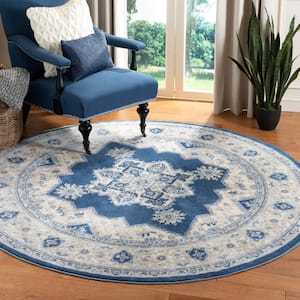 Brentwood Navy/Cream 5 ft. x 5 ft. Round Medallion Border Floral Area Rug
