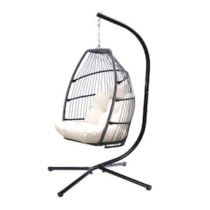42 in. Black Steel Patio Swing Chair with Cushions and Pillow in Light Beige