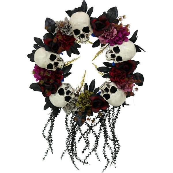 Haunted Hill Farm 24 in. Halloween Multi-Color Wreath with Skulls