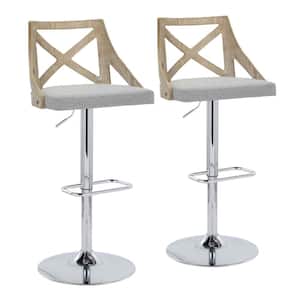 Charlotte 32.5 in. Grey Fabric, White Washed Wood and Chrome Metal Adjustable Bar Stool (Set of 2)