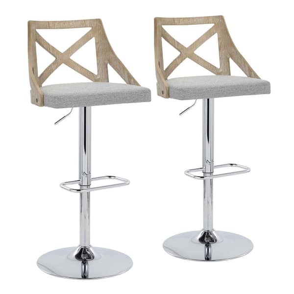 Lumisource Charlotte 32.5 in. Grey Fabric, White Washed Wood and Chrome Metal Adjustable Bar Stool (Set of 2)