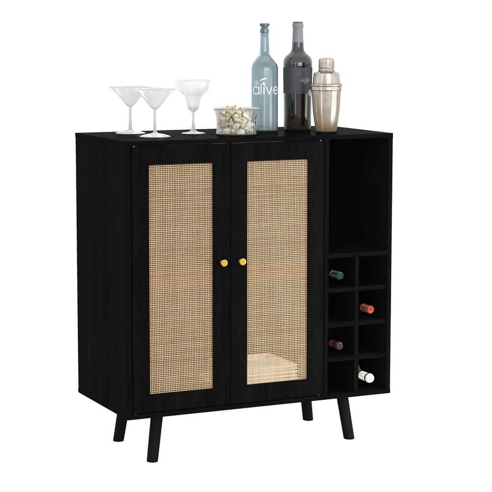 Ebony and Natural Rattan Mid-Century Modern Bar Cabinet