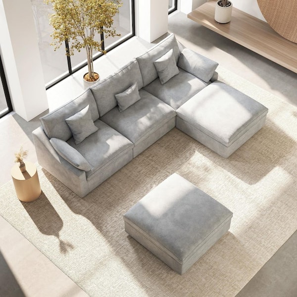 120 in. Square Arm 5-Piece Linen Upholstered Cloud Modular Sectional Sofa 3-Seater w/ Ottoman, Washable Covers in Gray