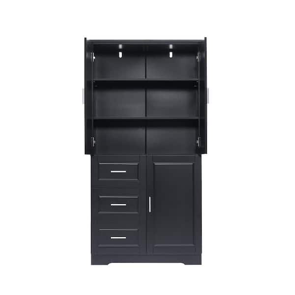 Zeus & Ruta 33 in. W x 20 in. D x 62 in. H Black Linen Cabinet with Doors and 3 Drawers