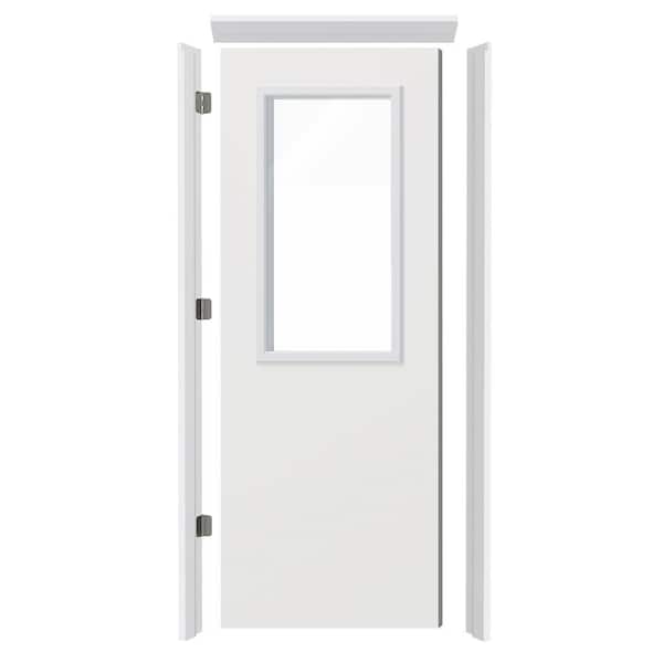30 in. x 80 in. Left-Handed Half-Lite Clear Glass Wood Exterior Door with Door Header, Legs, and Pre-installed Hinge