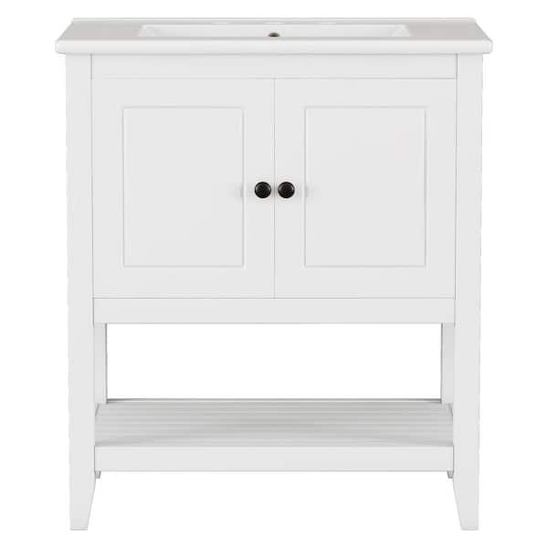 30 in. Single Sink Freestanding White Bath Vanity with White Ceramic Top, Open Style Shelf