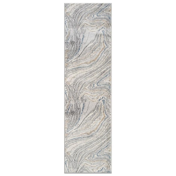 Marble Swirl Distressed 2 ft. 3 in. x 12 ft. Runner Gray Area Rug