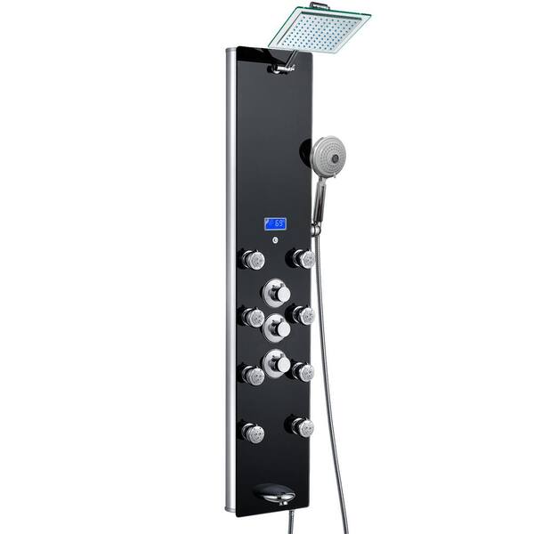 AKDY 52 in. 8-Jet Rainfall Shower Panel System with Temperature Display, Tub Spout and Shower Wand in Black Tempered Glass