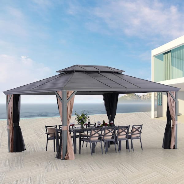 12 ft. x 16 ft. Light Gray Aluminum Hardtop Gazebo with Double Roof Canopy, Beige Curtains and Netting