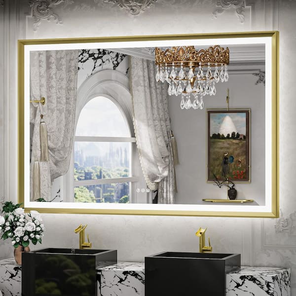 55 in. W x 36 in. H Rectangular Framed LED Lighted Bathroom Vanity Mirror with Light in Gold with Backlit and Anti-Fog