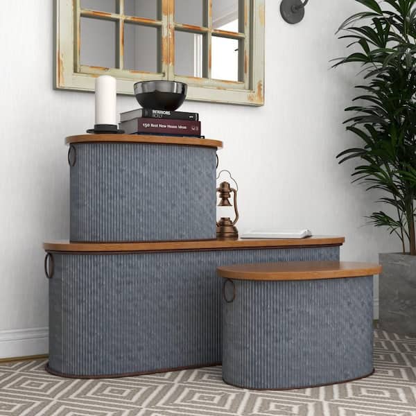 Litton Lane Brown Storage Bench with Brown Wood Top (Set of 3)