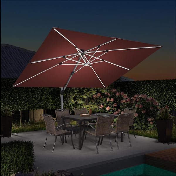PURPLE LEAF 9 ft. x 12 ft. Aluminum Solar Powered LED Patio Cantilever Offset Umbrella with Base, Brick Red