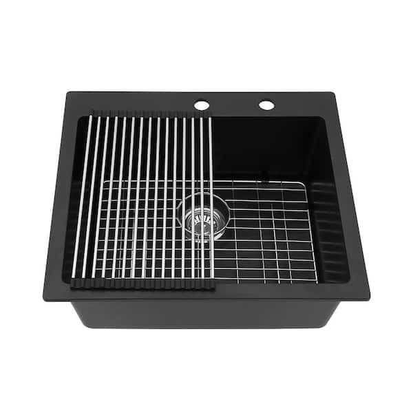 Loile 25 in. L Drop In Single Bowl Black Granite Composite Kitchen Sink with Grid, Strainer Basket and Drying Rack