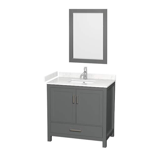 Wyndham Collection Sheffield 36 in. W x 22 in. D x 35 in. H Single Bath Vanity in Dark Gray with Carrara Cultured Marble Top and 24" Mirror