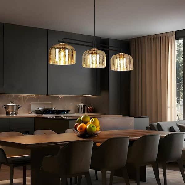 Modern Industrial 3-Light Gold Kitchen Island Hanging Lamp, 43.3 in. Linear Black Pendant Light with Dome Mercury Glass