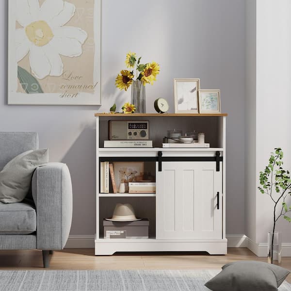 Bestier White 31.5 in. H Farmhouse Accent Cabinet with 3 Shelves Storage Cabinet with Sliding Barn Door