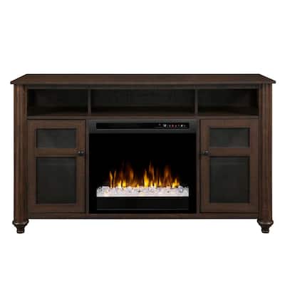 56 in. Media Console in Warm Grainery Xavier 23 in. Electric Fireplace with Glass Ember Bed in Brown