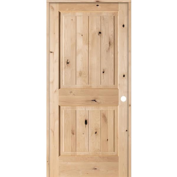 Krosswood Doors 36 in. x 80 in. Knotty Alder 2 Panel Square Top V-Groove Solid Wood Left-Hand Single Prehung Interior Door