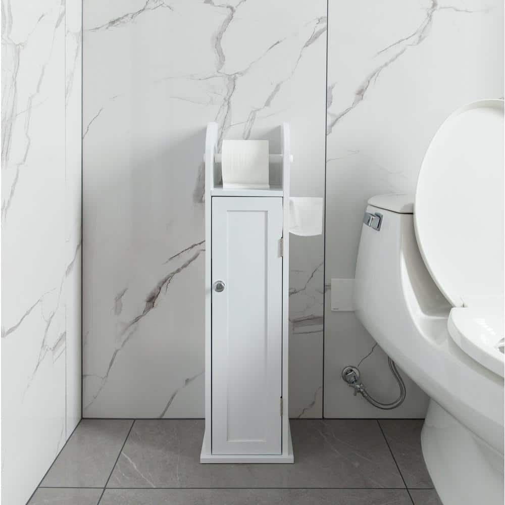 White Freestanding Bathroom Toilet Paper Holder with Storage Cabinet
