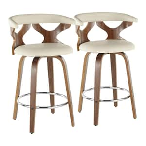 Gardenia 35 in. Cream Faux Leather and Walnut Wood High Back Counter Height Bar Stool Round Chrome Footrest (Set of 2)