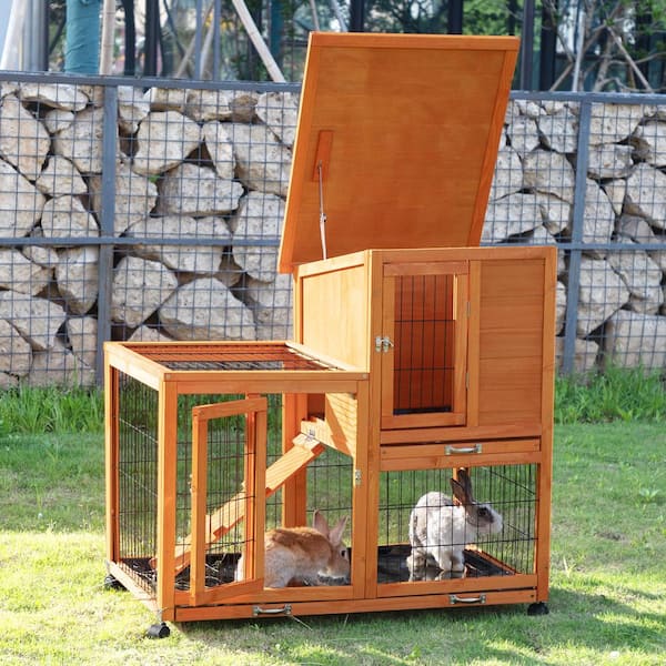 2-Tier Wooden Rabbit Hutch with 4 Casters, Water Bottle