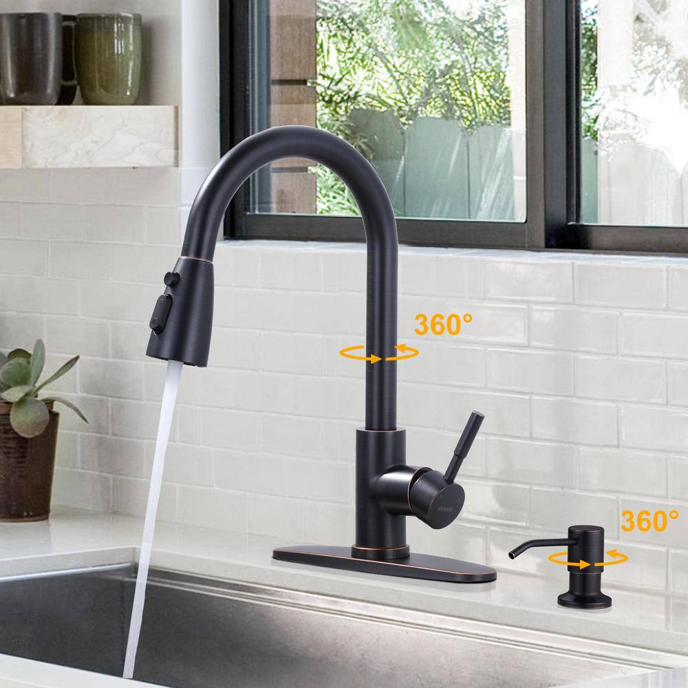 Oil-Rubbed Bronze High Arc Kitchen Faucet with Pull-out Spray and Soap Dispenser