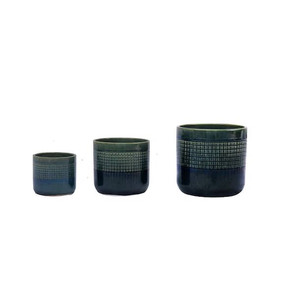 Helen 5.51 in., 7.48 in. and 9.25 in. Tall Blue and Green Round Ceramic Patio Outdoor Planter Set (3-Pack)