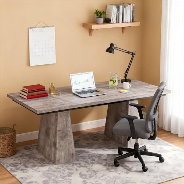 63 in. Gray Rectangle Wood Executive Desk, Large Modern Farmhouse Computer Desk for Home Office, Office