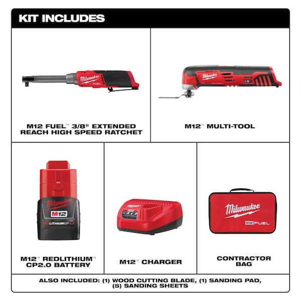 M12 FUEL 12V Lithium-Ion Brushless 3/8 in. Extended Reach High Speed Cordless Ratchet Kit & M12 Multi-Tool