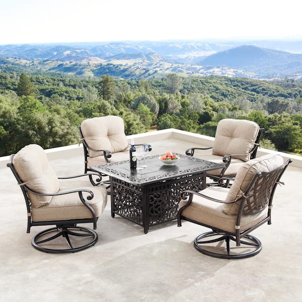 Oakland Living Finland Luxurious Antique Copper 5-Piece Aluminum Patio Fire Pit Deep Seating Set with Tan Beige Cushions
