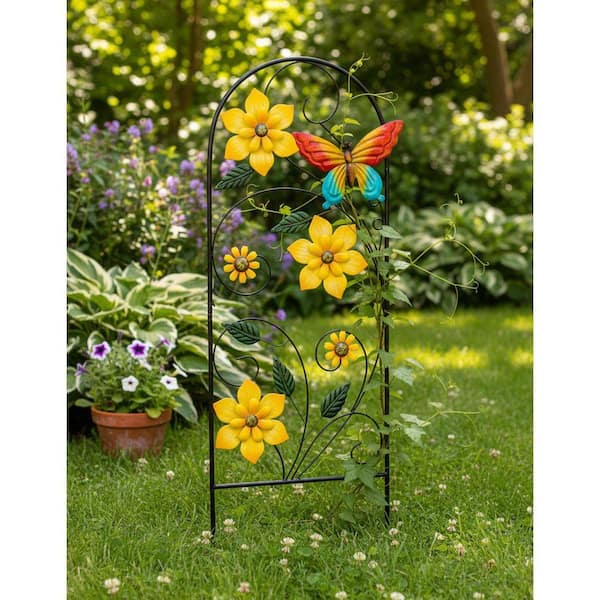Unbrand 34 in. Metal Flower Butterfly Garden Stake and Wall Art